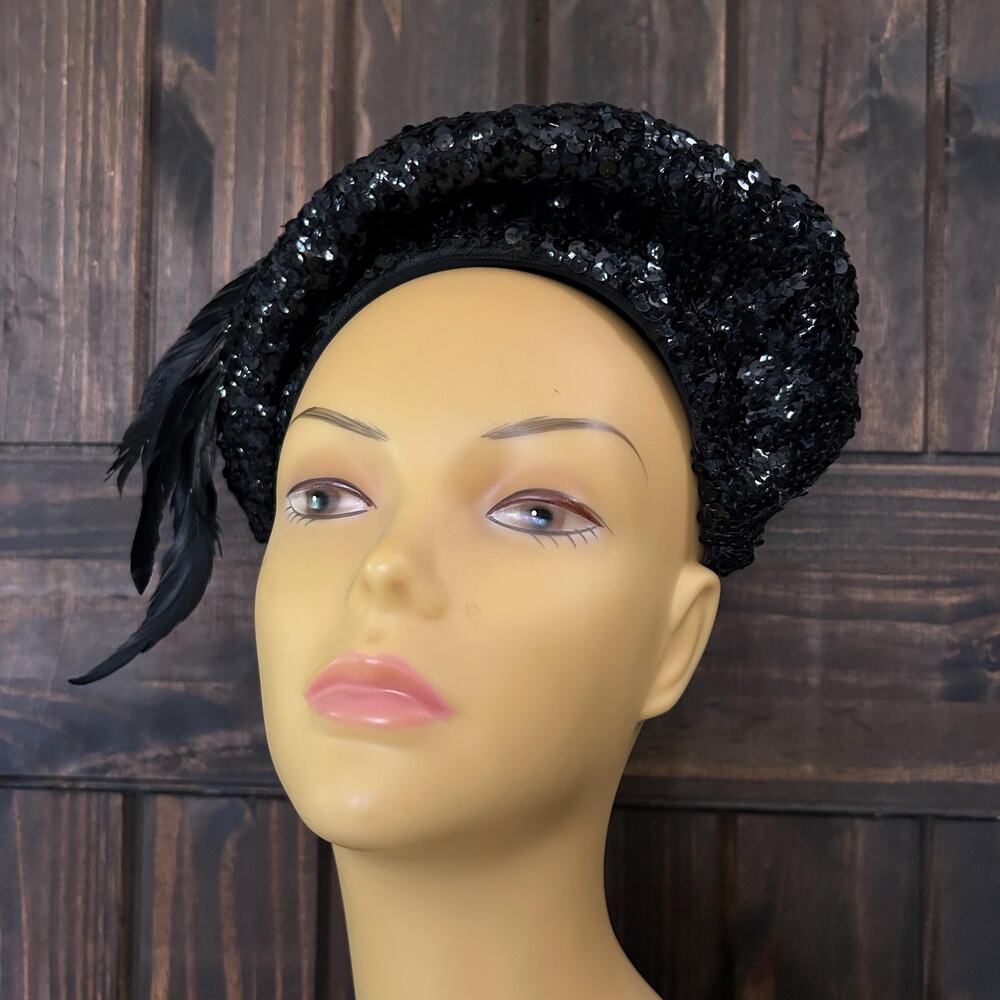 Vintage 30s/40s Black Sequin Feathered Crescent Cocktail Topper Hat by Celeste